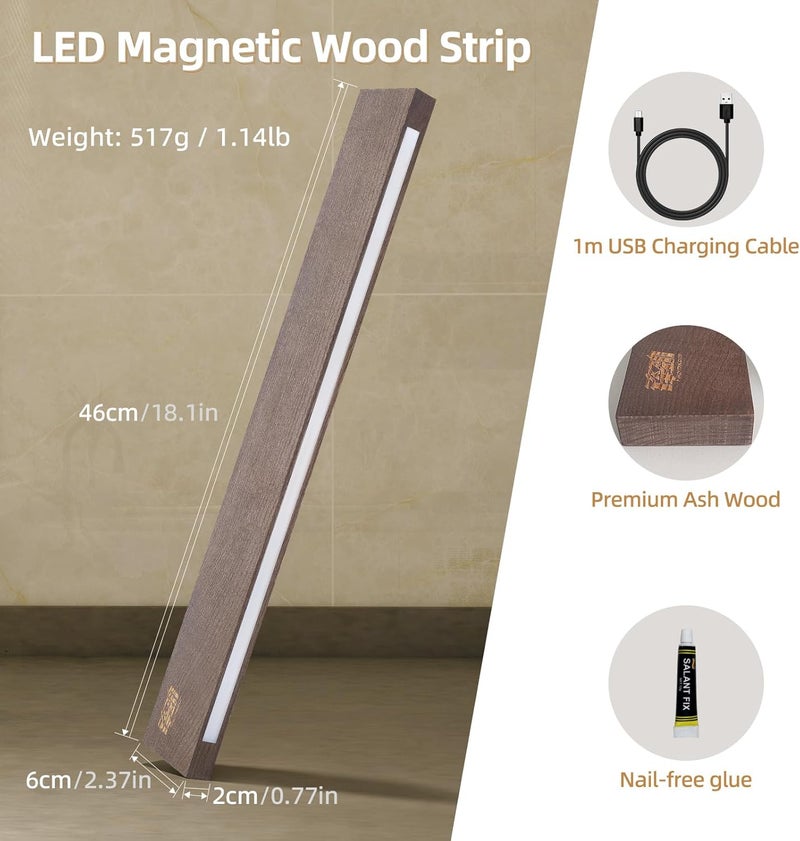 FINDKING 18 Inches Lighted Magnetic Knife Strip, Backlit LED Utensil Holder for Wall and Refrigerator, Magnet Knife Rack for Home Kitchen, No Drill (Ash Wood, Dark Brown) - Image 2